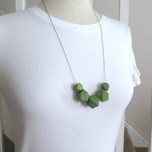 Silver and Lime Green Geometric Wood Bead Modern Bohemian Long Necklace
